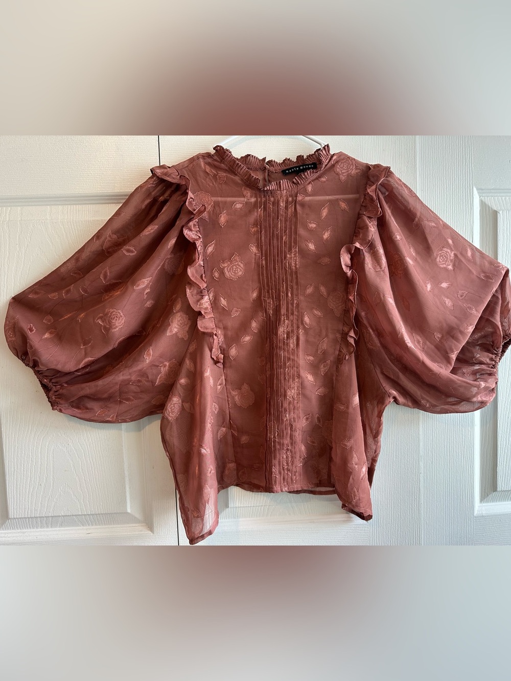 Mauve Floral Organza Puff Sleeve Ruffle Blouse Romantic Cottagecore Boho Top
